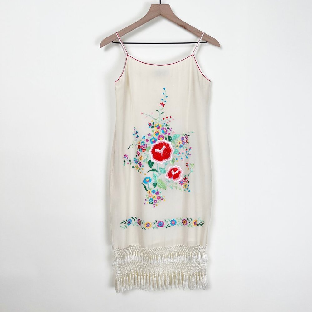 100% Silk Vintage Handmade Embroidered Floral Fringe Tassel Mini Midi Sun Dress - Picture 1 of 7